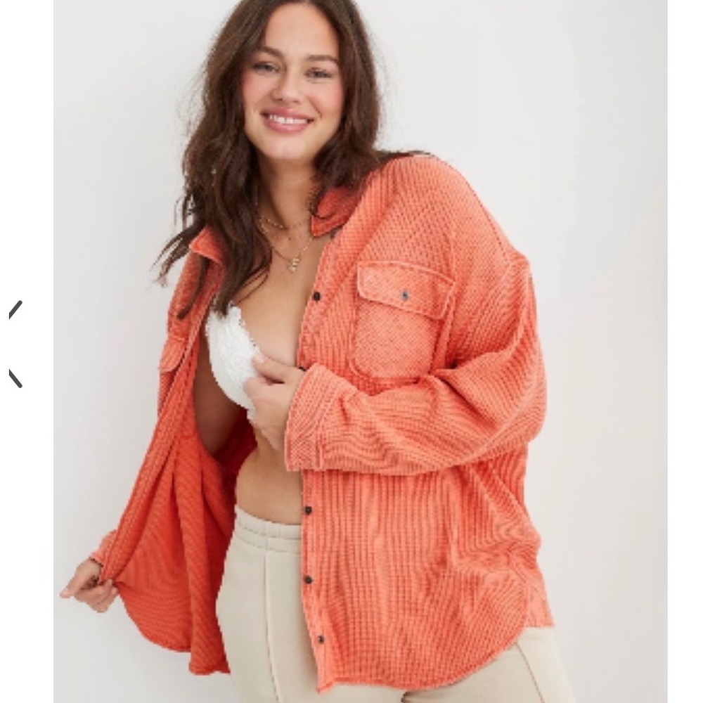 Aerie Lumberjane Waffle Knit Oversized Cozy Shirt M Coral Pink Shacket Thermal